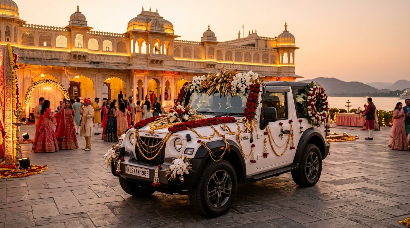 Decorated luxury wedding car at Udaipur royal palace courtyard - Parth Car Rental